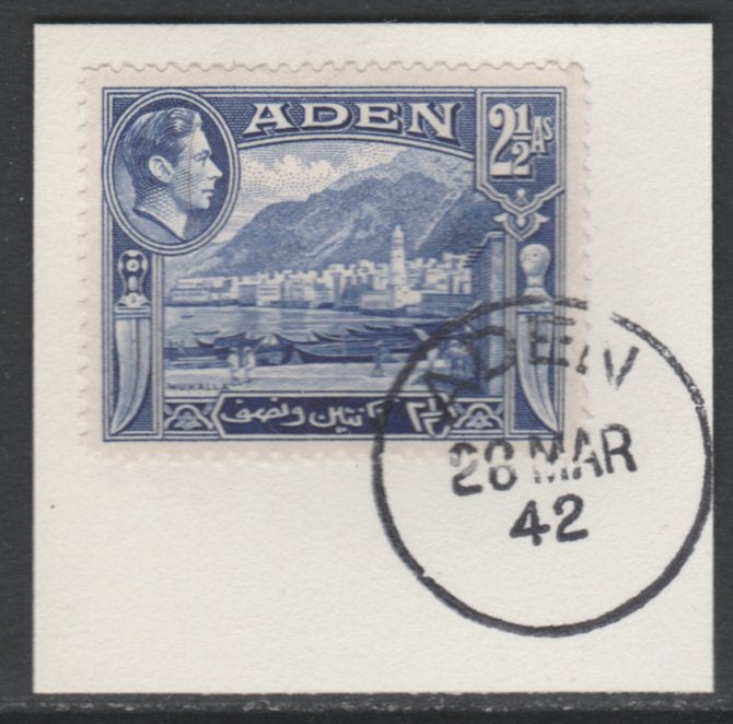 Aden 1939-48 KG6 Mukalla 2.5a deep ultramarine on piece with full strike of Madame Joseph forged postmark type 3