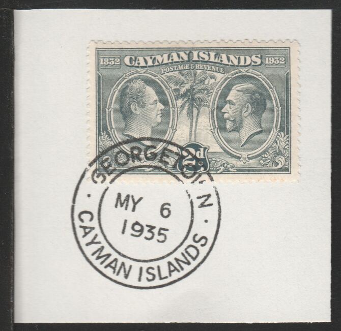 Cayman Islands 1932 Centenary 2d grey (SG88) on piece with full strike of Madame Joseph forged postmark type 114