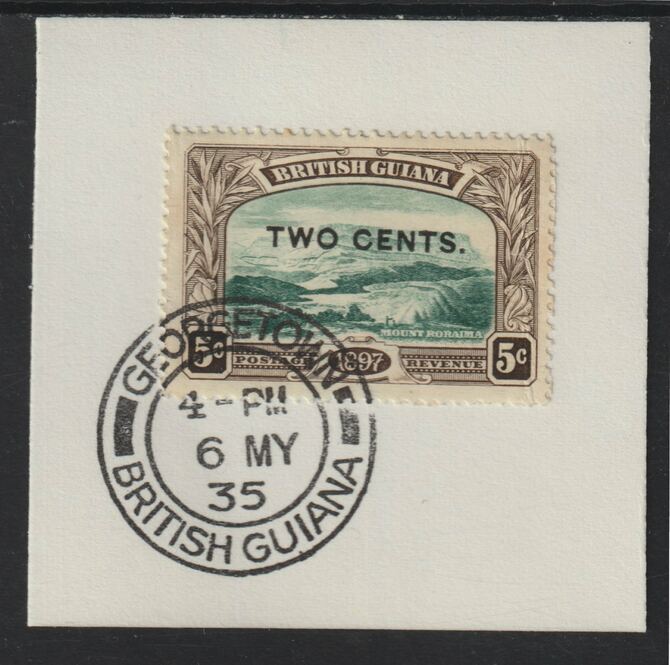 British Guiana 1899 Surcharged 2c on 5c Mount Roraima (SG222) on piece with full strike of Madame Joseph forged postmark type 72