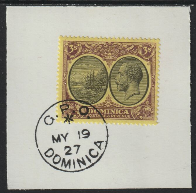 Dominica 1923-33KG5 Badge of Colony 3s black & purple on yellow on piece with full strike of Madame Joseph forged postmark type 139