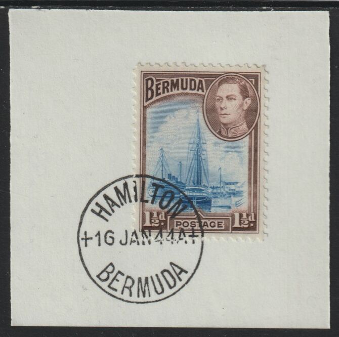 Bermuda 1938 KG6 1.5d blue & purple-brown on piece cancelled with full strike of Madame Joseph forged postmark type 64