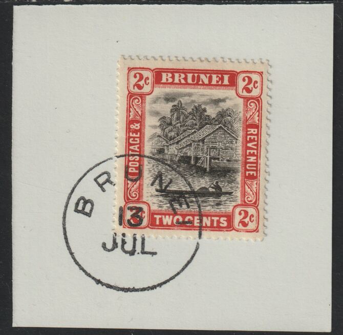 Brunei 1907 River Scene 2c grey-black & scarlet (SG24) on piece with full strike of Madame Joseph forged postmark type 104