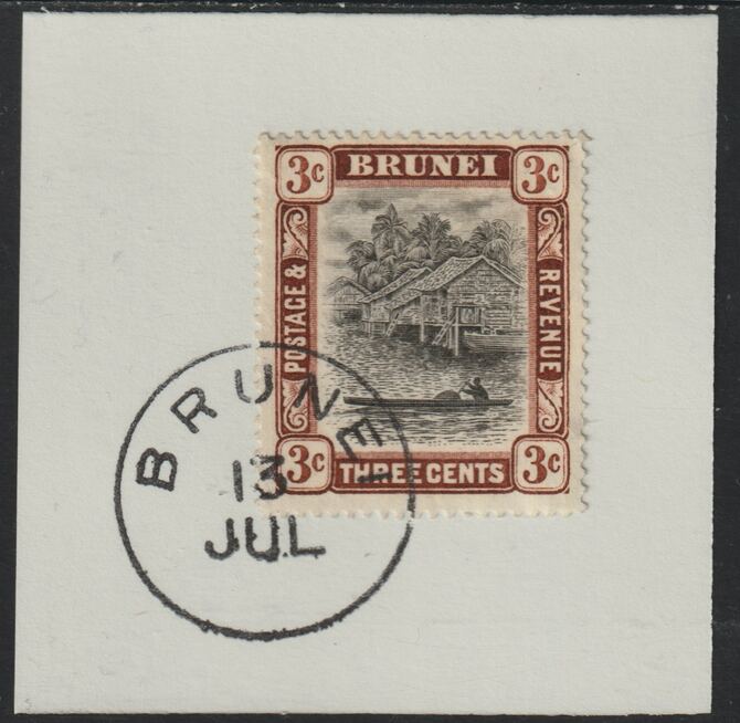 Brunei 1907 River Scene 3c grey-black & chocolate (SG25) on piece with full strike of Madame Joseph forged postmark type 104