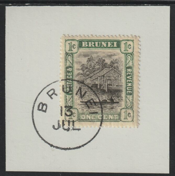Brunei 1907 River Scene 1c grey-black & pale green (SG23) on piece with full strike of Madame Joseph forged postmark type 104