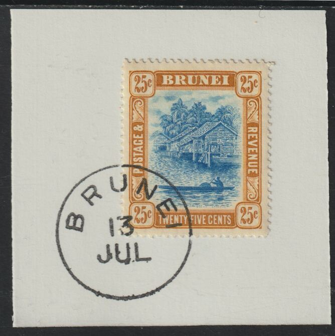 Brunei 1907 River Scene 25c pale blue & ochre-brown (SG30) on piece with full strike of Madame Joseph forged postmark type 104