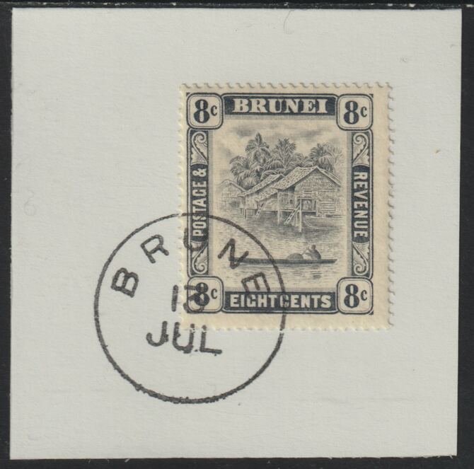 Brunei 1924 River Scene 8c grey-black (SG72) on piece with full strike of Madame Joseph forged postmark type 104