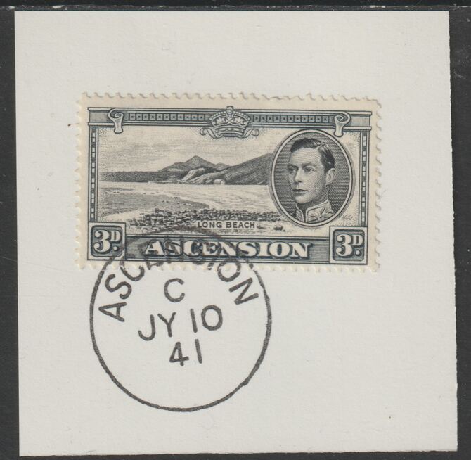 Ascension 1938 KG6 Pictorial 3d black & grey on piece with full strike of Madame Joseph forged postmark type 26