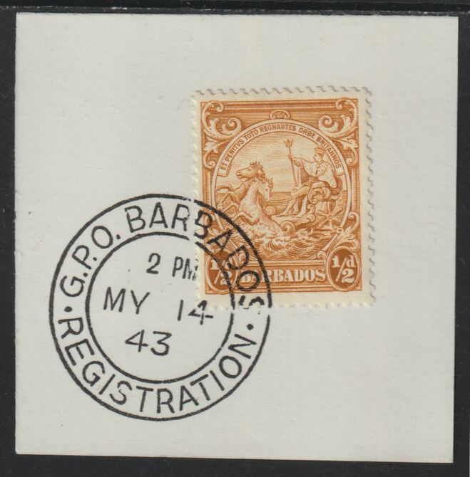 Barbados 1938 KG6 Britannia 1/2d yellow-bistre on piece with full strike of Madame Joseph forged postmark type 47