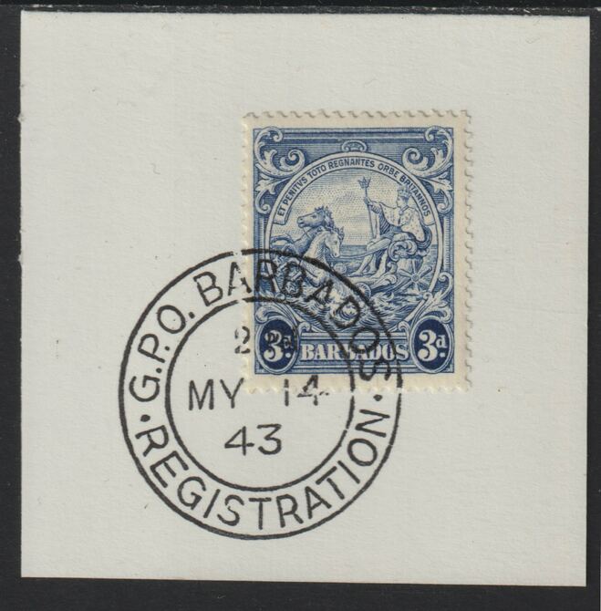 Barbados 1938 KG6 Britannia 3d blue on piece with full strike of Madame Joseph forged postmark type 47