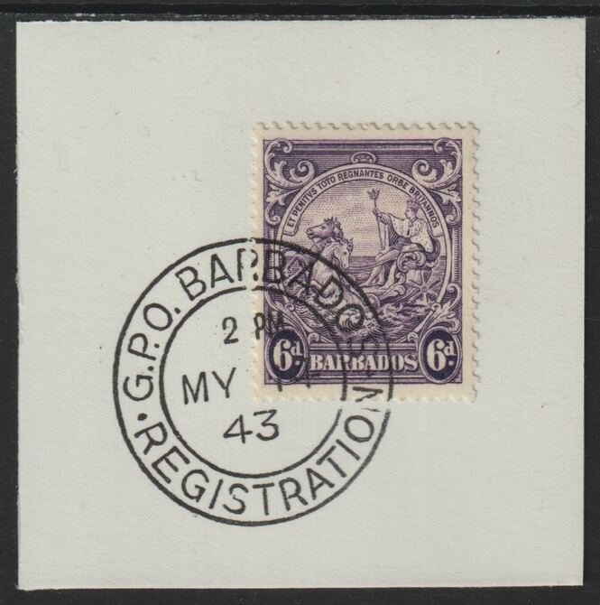 Barbados 1938 KG6 Britannia 6d violet on piece with full strike of Madame Joseph forged postmark type 47