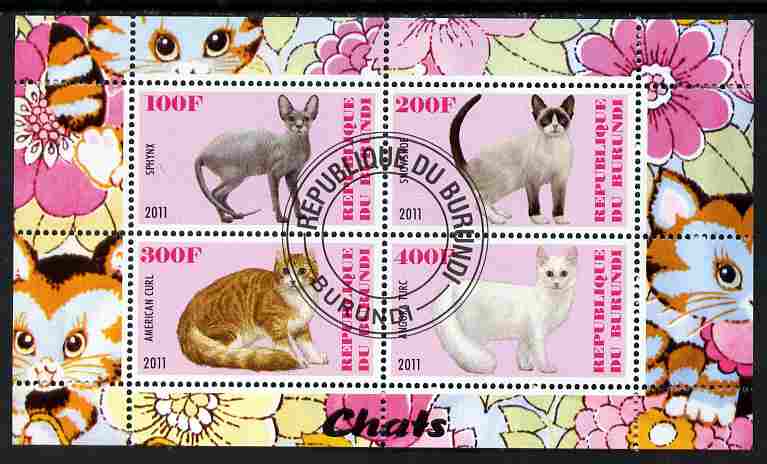 Burundi 2011 Domestic Cats #1 - pink background perf sheetlet containing 4 values fine cto used