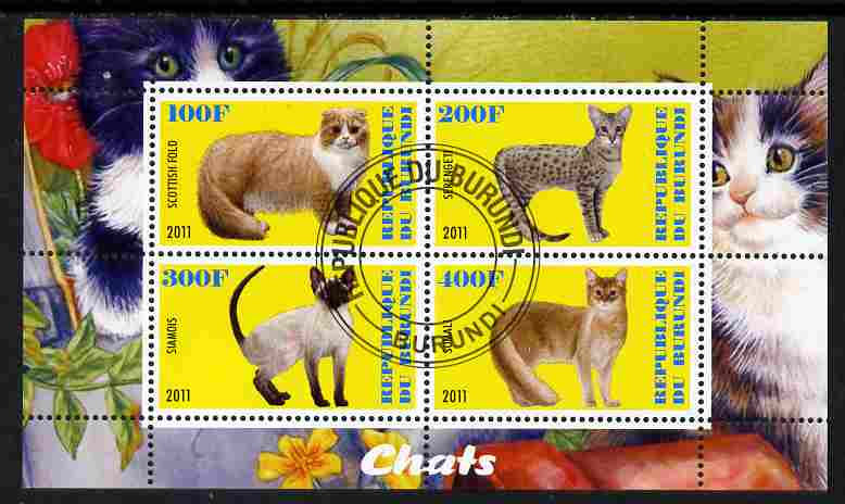 Burundi 2011 Domestic Cats #2 - yellow background perf sheetlet containing 4 values fine cto used