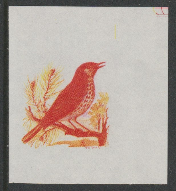 Calf of Man 1973 Birds - Thrush 15m imperf proof in magenta & yellow only on gummed paper, unmounted mint as Rosen CA259