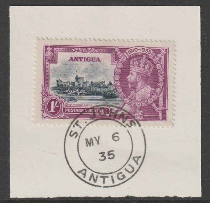 Antigua 1935 KG5 Silver Jubilee 1s on piece with full strike of Madame Joseph forged postmark type 16