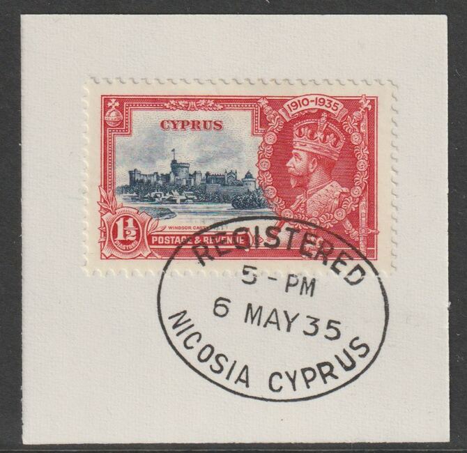 Cyprus 1935 KG5 Silver Jubilee 1.5pi on piece with full strike of Madame Joseph forged postmark type 132