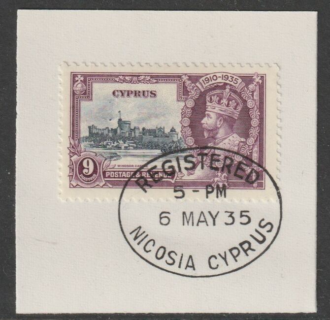 Cyprus 1935 KG5 Silver Jubilee 9pi on piece with full strike of Madame Joseph forged postmark type 132