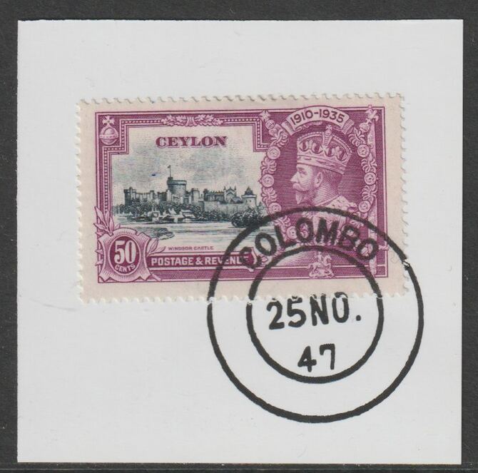 Ceylon 1935 KG5 Silver Jubilee 50c on piece with full strike of Madame Joseph forged postmark type 122 (1947 cancel)