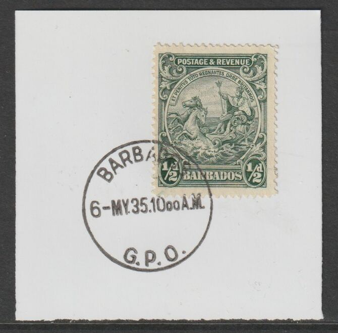 Barbados 1925 KG5 Britannia 1/2d green on piece with full strike of Madame Joseph forged postmark type 46