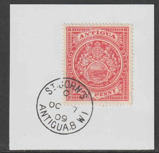 Antigua 1908 Arms 1d red on piece with full strike of Madame Joseph forged postmark type 13