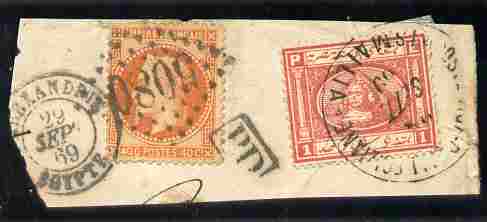 Egypt - French PO's 1869 piece bearing fine mixed franking 40c France tied by 5080 diamond of dots plus Egyptian 1pi tied Ismalia cds