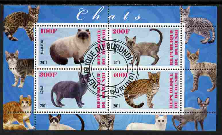 Burundi 2011 Domestic Cats #6 - pale blue background perf sheetlet containing 4 values fine cto used