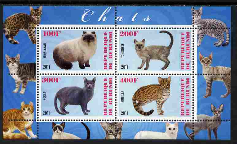 Burundi 2011 Domestic Cats #6 - pale blue background perf sheetlet containing 4 values unmounted mint