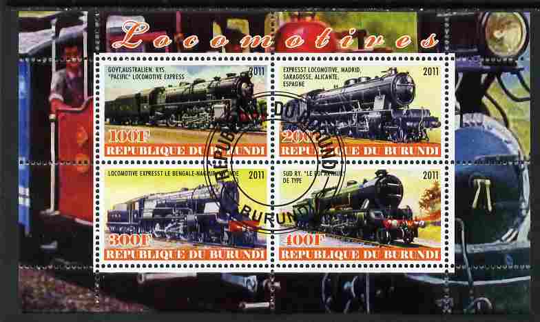 Burundi 2011 Steam Locomotives #3 perf sheetlet containing 4 values fine cto used