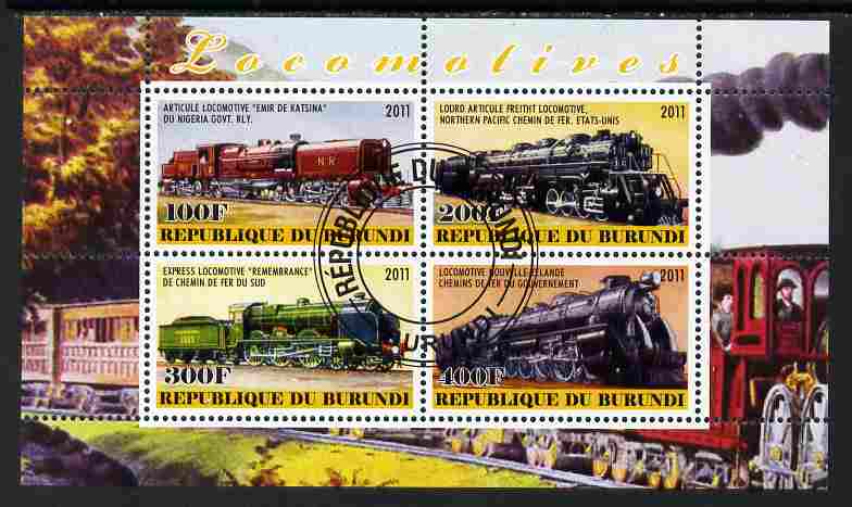 Burundi 2011 Steam Locomotives #8 perf sheetlet containing 4 values fine cto used