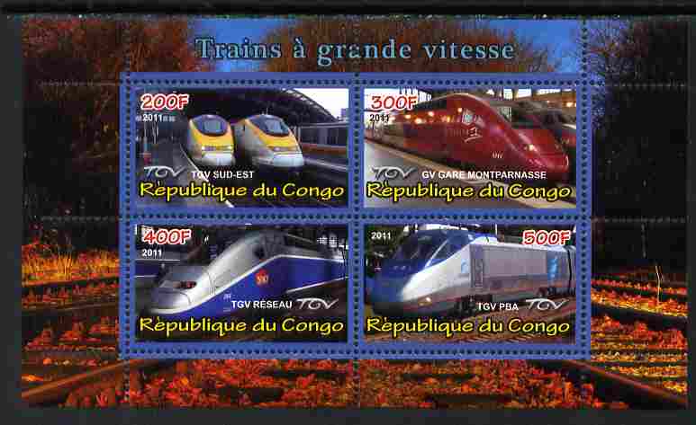 Congo 2011 High Speed Trains #1 perf sheetlet containing 4 values unmounted mint