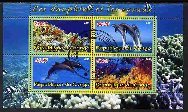 Congo 2011 Dolphins & Coral #1 perf sheetlet containing 4 values cto used