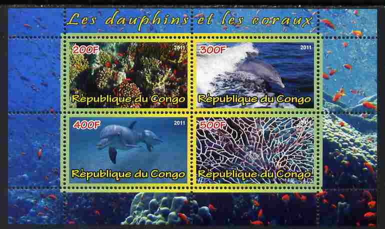 Congo 2011 Dolphins & Coral #2 perf sheetlet containing 4 values unmounted mint