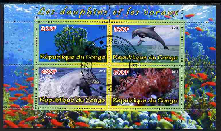 Congo 2011 Dolphins & Coral #3 perf sheetlet containing 4 values cto used