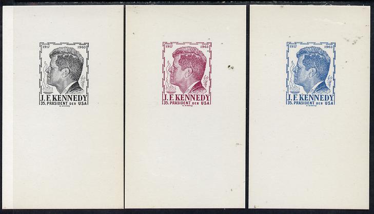 Austria 1963 Kennedy set of 3 undenominated proof cards in black, blue & maroon, produced by Wimmer but never issued (only 100 sets produced)