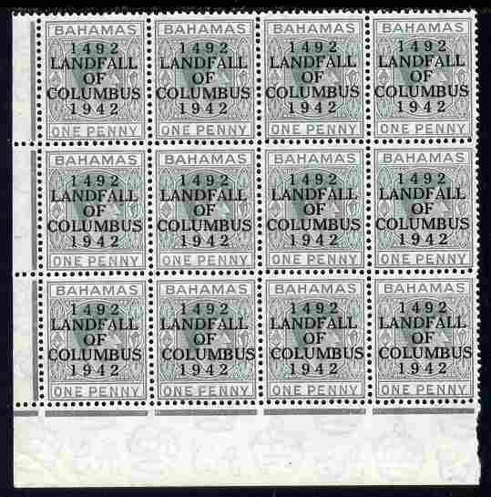 Bahamas 1942 KG6 Landfall of Columbus 1d pale slate SW corner block of 12 from right pane with short N variety (R8/4) & Break in Oval on R10/4 plus overprint varieties unmounted mint SG 163var