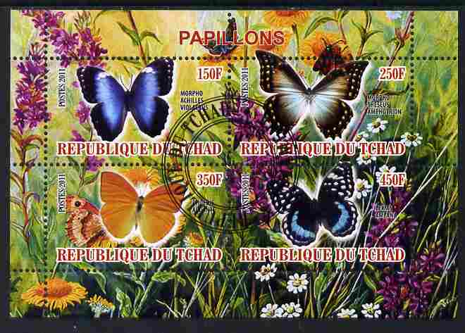 Chad 2011 Butterflies #2 perf sheetlet containing 4 values cto used