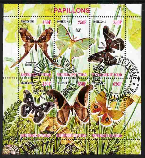 Chad 2011 Butterflies #3 perf sheetlet containing 6 values cto used