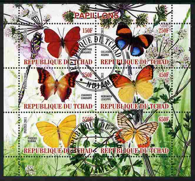 Chad 2011 Butterflies #6 perf sheetlet containing 6 values cto used