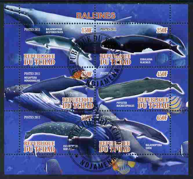 Chad 2011 Whales perf sheetlet containing 6 values cto used