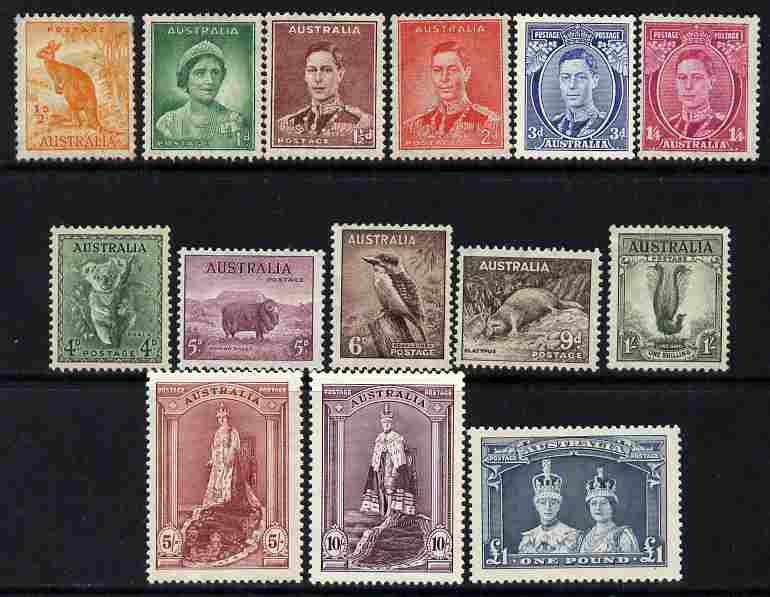 Australia 1937-49 KG6 definitive set complete 1/2d to £1 P13.5x14, 14 values mounted mint, SG 164-78