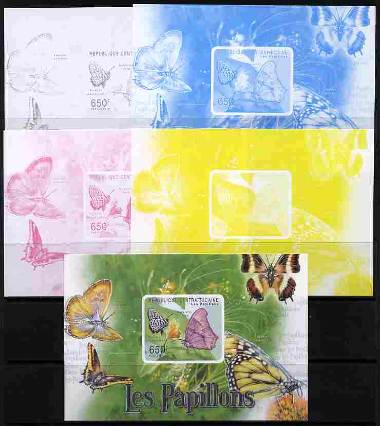 Central African Republic 2011 Butterflies #2 deluxe sheet - the set of 5 imperf progressive proofs comprising the 4 individual colours plus all 4-colour composite, unmounted mint