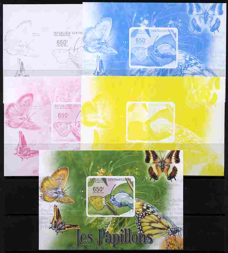 Central African Republic 2011 Butterflies #4 deluxe sheet - the set of 5 imperf progressive proofs comprising the 4 individual colours plus all 4-colour composite, unmounted mint