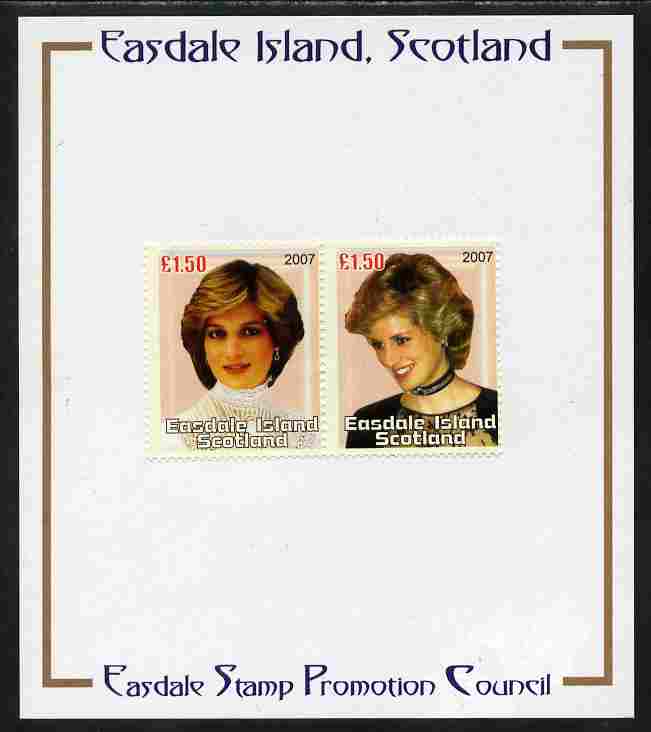 Easdale 2007 Princess Diana £1.50 #1 perf se-tenant pair mounted on Publicity proof card issued by the Easdale Stamp Promotion Council