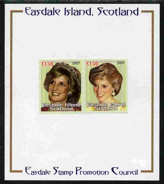 Easdale 2007 Princess Diana £1.50 #2 perf se-tenant pair mounted on Publicity proof card issued by the Easdale Stamp Promotion Council