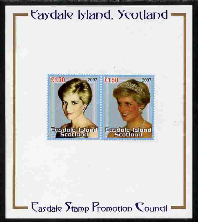 Easdale 2007 Princess Diana £1.50 #3 perf se-tenant pair mounted on Publicity proof card issued by the Easdale Stamp Promotion Council