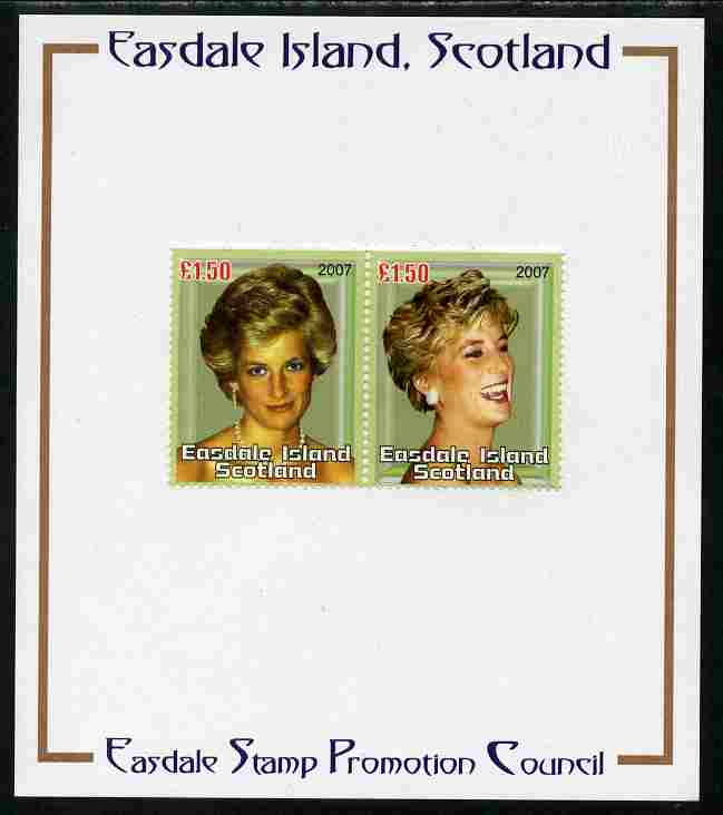 Easdale 2007 Princess Diana £1.50 #4 perf se-tenant pair mounted on Publicity proof card issued by the Easdale Stamp Promotion Council