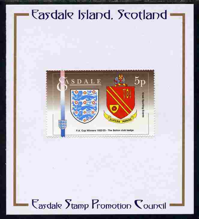 Easdale 1996 Great Sporting Events - Football 5p - Bolton Club Badge Winners of 1922-23 FA Cup Final mounted on Publicity proof card issued by the Easdale Stamp Promotion Council