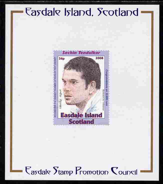 Easdale 2008 Sachin Tendulkar (cricketer) 36p (looking to left - blue border) mounted on Publicity proof card issued by the Easdale Stamp Promotion Council