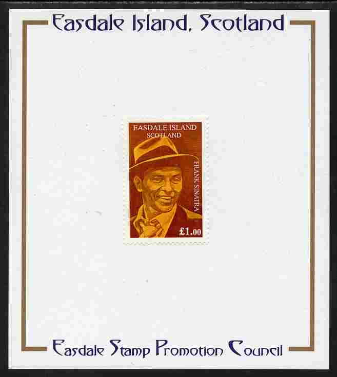 Easdale 1998 Frank Sinatra £1 value (brown background) mounted on Publicity proof card issued by the Easdale Stamp Promotion Council