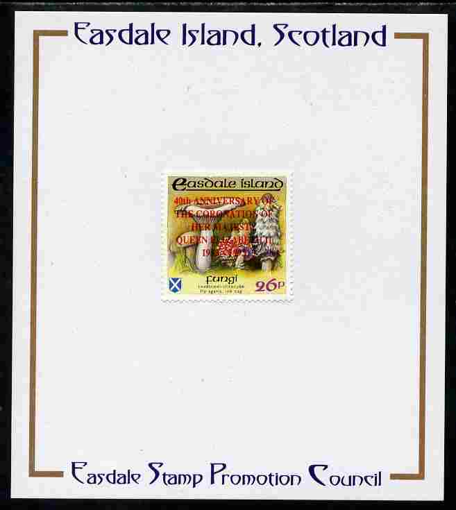 Easdale 1993 40th Anniversary of Coronation overprinted in red on Flora & Fauna perf 26p (Fungi) mounted on Publicity proof card issued by the Easdale Stamp Promotion Council