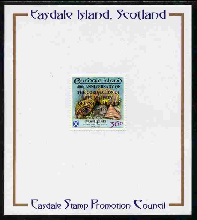 Easdale 1993 40th Anniversary of Coronation overprinted in black on Flora & Fauna perf 36p (Shell) mounted on Publicity proof card issued by the Easdale Stamp Promotion Council